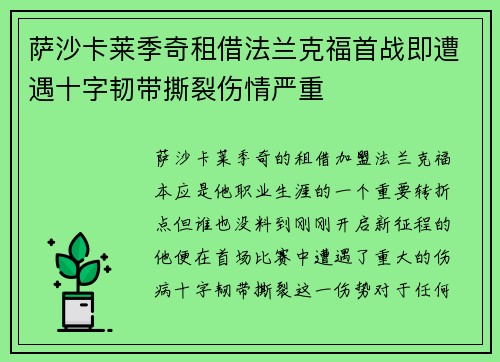 萨沙卡莱季奇租借法兰克福首战即遭遇十字韧带撕裂伤情严重 萨沙卡莱季奇租借法兰克福首战即遭遇十字韧带撕裂伤情严重